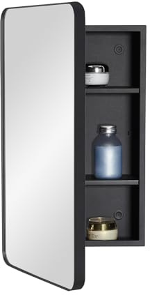 Fundin Bathroom Mirror Cabinet with Storage – Metal Framed Round Corner Door, Adjustable Shelves, Matte Black, Surface Mount Wall Mounted - 30 x 55 cm
