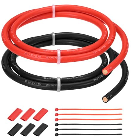 QUARKZMAN 2 Piezas Cable Eléctrico de Silicona 8 AWG, Cable de Cobre Estañado Calibre 8 1m/3ft con Tubo Termorretráctil y Bridas Para Automóvil, Motor, Inversor RV - Rojo y Negro
