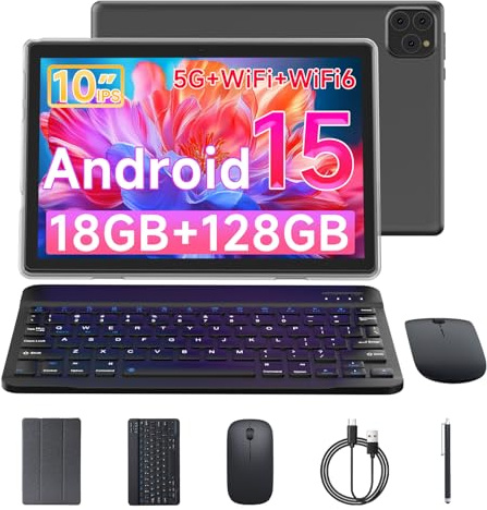 Vyrolinia Tablet Android 15 10 Inch 18GB RAM+128GB ROM/ 2TB Expandable Tablet, 1280 * 800 HD Touch Screen, 5G WiFi6 BT 5.0, 2 in 1 Tablets with Keyboard Case Mouse Stylus (Black)