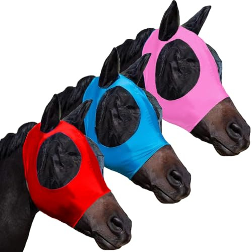 HUAME Fly Masks for Horses with Ears Set of 3, Comfort Fit Stretchy Fabric with UV Protection Soft on Skin Breathability for Average Size Horses (Red-Blue-Pink)