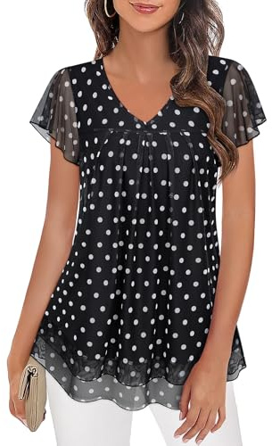 Syphiby Womens Tops V Neck Ladies Top Ruffle Short Sleeve Blouses Flowy Mesh Tunic Tops Casual T Shirt