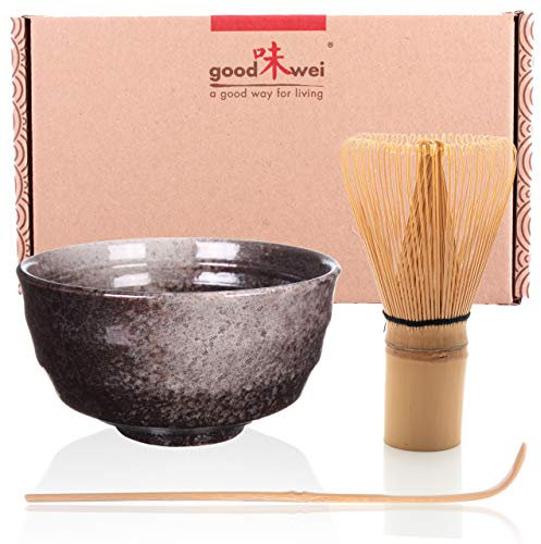 Goodwei Matcha Set mit Matcha Schale aus Keramik, Matchabesen und Bambuslöffel | Geschenkset für Einsteiger (Goma)