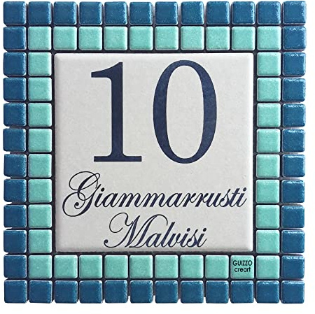 GUIZZO Creart - Numero Civico Esterno Personalizzato in Ceramica, Targhetta Personalizzata Via/Nomi con Cornice Mosaico, Targhetta Porta Ingresso Personalizzata Made in Italy, 14x14H cm, Verdi/Panna