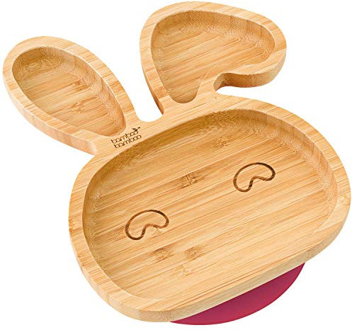 bamboo bamboo Baby Teller Kinderteller, Kindergeschirr mit Saugnapf, Sugnapf Teller Baby ab 6 Monaten (Hase, Kirsche)