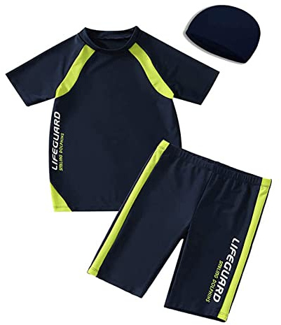 BASADINA Boys Swimsuit Two Piece 50+UV Swimsuit Costume, Short Sleeves Boys Swimwear 5-12 Years Navy