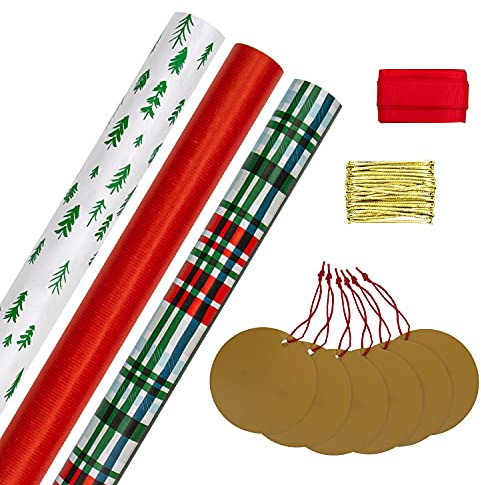 Hallmark Compendio de regalo de Navidad, 3 paquetes de papel de regalo, 2 m cada uno, 6 etiquetas de regalo, 2 cintas de rafia, tartán, rojo, blanco, paquete de compendio verde