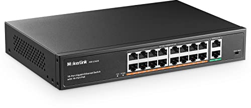 mokerlink 16 Porte Gigabit Poe Switch, 2 Gigabit Uplink, 250W IEEE802.3af/at, Plug And Play Non Gestito per Montaggio su Rack Ethernet Switch