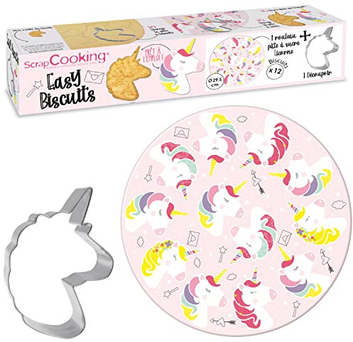 SCRAP COOKING - Kit Easy Biscuits Licorne - Set Pâtisserie avec Pâte à Sucre Imprimée et Découpoir Emporte-Pièce pour Créer 12 Biscuits ou Cookies - Coffret Accessoire Cake Design - 7293