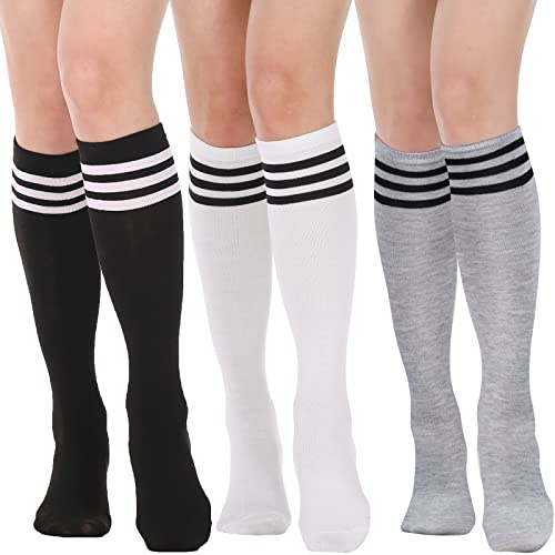 DRESHOW Women's Knee High Socks Seamless Toe Stripe Tube Knee Socks 3 Pairs
