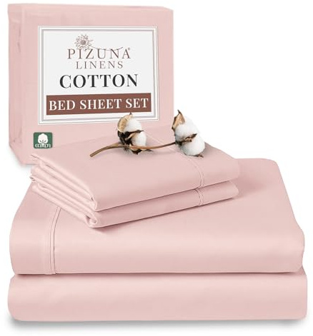 Pizuna 100% Cotton King Size Sheet Set Light Pink 400 Thread Count | 400 Thead Count Long Staple Cotton Bedding, 275x280 cm, Soft Sateen 4 Pc King Bed -fitted Flat Sheet & 2 Pillowcases
