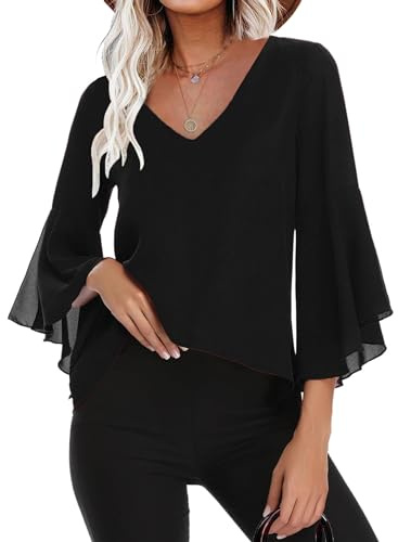 Gyabnw Blusas de Gasa para Mujer Elegante 3/4 Manga Cuello V Camisa Chiffon Acampanadas Ligero Tops para Primavera Verano Otoño