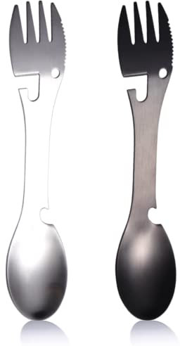 Crethinkaty 2 PCS Stainless Steel Utility Camping Spork,Multifunctional 5 In 1 Outdoor Spoon Fork Bottle Can Opener Camping Cutlery Travel Functional Eating Multi-Tool