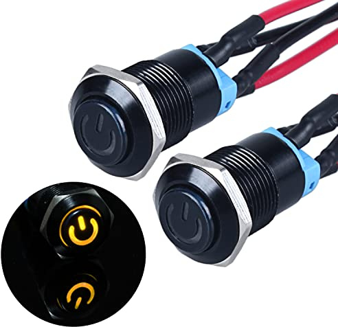 JIQI 2 x 12 mm, interruttore a pressione impermeabile da 12 V a 24 V 2 A, IP66, Latching Push Button con simbolo di alimentazione a LED, interruttore on/off in metallo nero, interruttore a pulsante
