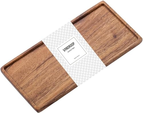 Vandroop Kleines Tablett Holz Serviertablett, Rechteckig Akazien Holz Mini Tablett Servierteller für Küchen-Set, Salz- und Pfefferstreuer, für Kaffee, Tee (25x11.8cm - 1 Stück)