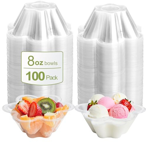 KUCKOW Clear Bowls, 100 PCS Ice Cream Bowls, Small Clear Appetizer Serving Bowls for Dessert Cake Snack Sundae Salad Candy, Party Favor Wedding Birthday Flower Shape (8 OZ)