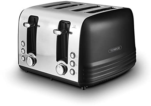 Tower, T20081BLK, Ash 4-Slice Toaster with Dual Controls, Defrost/Reheat/Cancel, 1850W, Black & Chrome