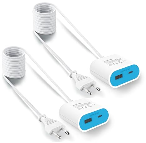 UCOMEN USB C-laddare med 1,5m förlängningskabel, 17,5W USB-nätadapter, perfekt för nattduksbord, skrivbord, kök eller resor, blå 2-pac