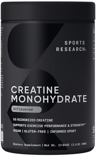 Sports Research Creatine Monohydrate - Gain Lean Muscle, Improve Performance and Strength and Support Workout Recovery* - 5 g Micronized Creatine - 17.64 oz