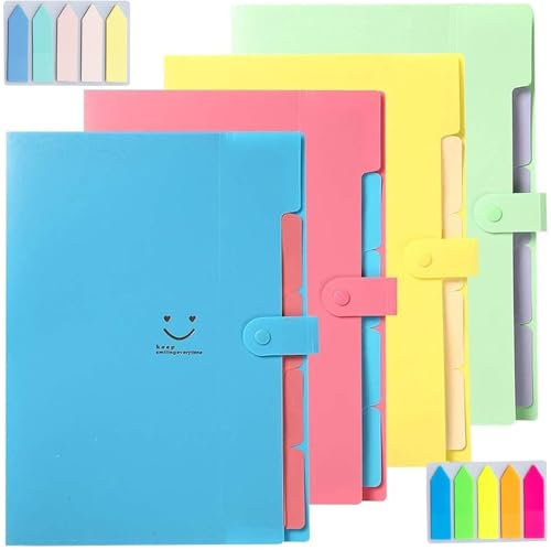 4 Stück Fächermappe A4, Dokumentenmappe A4 Fächermappe Veranstalter Datei Organizer mit Etiketten 5 Fächer Erweiterbar Tragbar Dokumentenmappe für Zuhause oder Büro Dokumente Papiere
