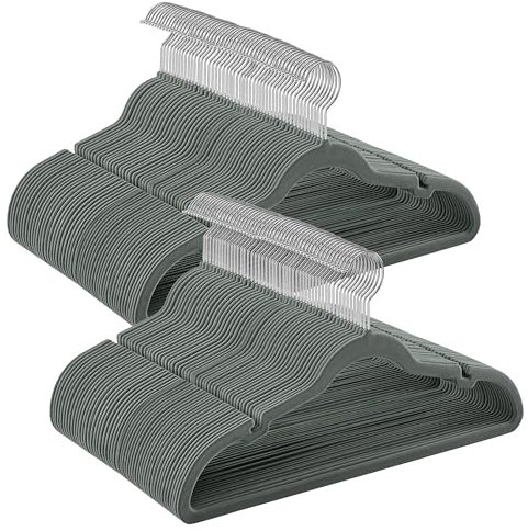 SONGMICS Kleiderbügel Samt, 100er Set, Bügel, rutschfest, mit Einkerbungen im Schulterbereich, Steg für Hosen, um 360° drehbarer Haken, platzsparend, 0,6 cm dick, 43 cm breit, grau CRF029G100