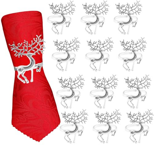 Serviettenringe Weihnachten, 12PCS Serviettenringe Silber Hirsch Elch Schneeflocke Tischdeko Weihnachten Napkin Rings Für Weihnachten Thanksgiving Hochzeit (Elch, 12PCS)