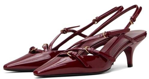 MICIFA Slingback Kitten Heels for Women Pointed Toe Stiletto Heels Slip On Pumps with Buckled Straps Dress Work Pumps Shoes, 2-Burgundy, 3 UK
