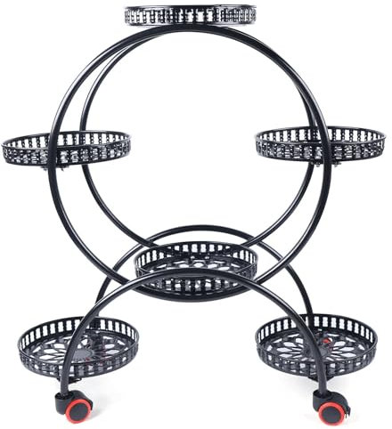Kanbihao Support de plantes en métal à 6 niveaux - Étagère à fleurs ronde - Escalier de fleurs avec roue - Escalier décoratif pour terrasse, jardin, salon, balcon d'angle et chambre à coucher