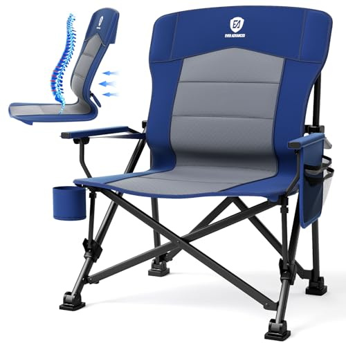 EVER ADVANCED Campingstol, vikbar 230 kg, lastbar XL, ländryggsstöd, fällstol, 62 cm, sittbredd med sidoficka, mugghållare, överdimensionerad vikbar stol, fiskestol för camping, utomhus, balkong
