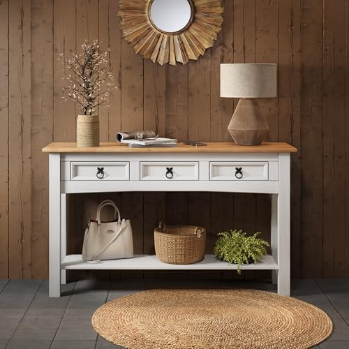 Corona Console Table White Painted Wax 3 Drawer Solid Wood Pine Wooden Hall Table Display Dresser Sideboard Side Unit Hallway Living Room Kitchen Shabby Chic Mexican 73cm High 122cm Wide 32cm Deep