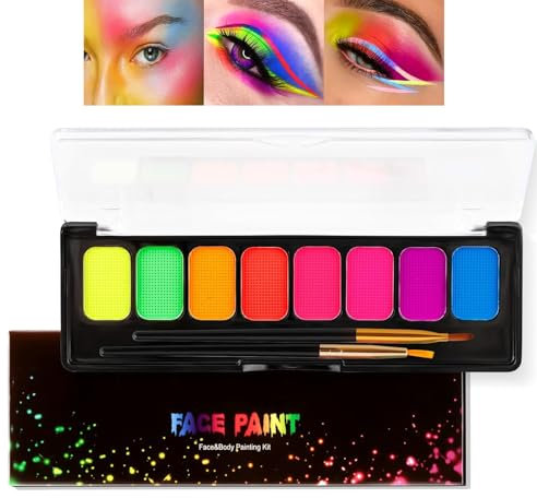 Neon Face Paint Palette de 8 couleurs de peinture fluorescente activée par l'eau pour maquillage de théâtre, maquillage durable et soluble dans l'eau, peinture pour le corps du visage avec pinceau