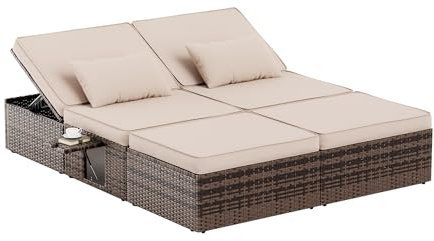 Amopatio Sonnenliege 2 Personen mit Klapptisch, Wetterfest Gartenliege 200kg Belastbar, 200x160x30cm XXL Rattan Doppelliege Gartenlounge Liegestuhl Verstellbar für Garten, Balkon & Terrasse, Braun