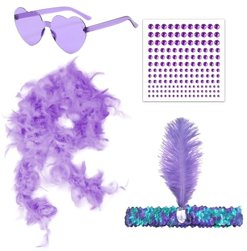 GWAWG Boa di piume, occhiali da sole senza montatura a cuore, strass per il viso e fascia per capelli boa, per artigianato, soffice boa di piume, adatto per Halloween, Natale, cosplay (Purple)