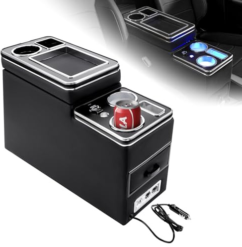 KAOLALI Mittelkonsole mit Ablagen Staufach, Upgrade Mittelkonsole Box Kompatibel mit VW T4 T5 T6 T6.1 T7 Alle Modelle ab 2003-2019, Schwarz Leder Zubehör mit Getränkehalter, USB, LED-Leuchten