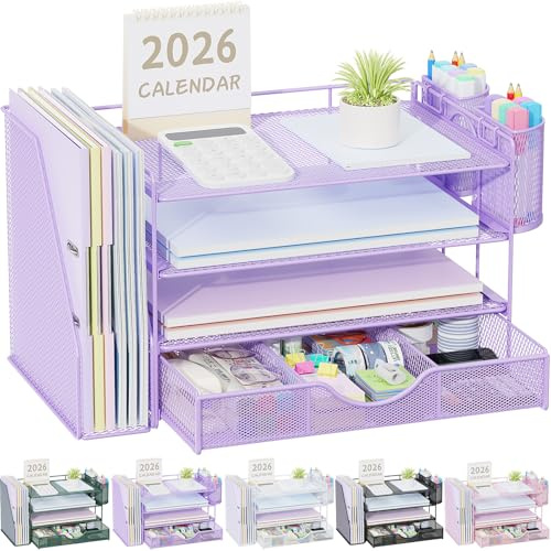 gianotter Desk Organizers and Accessories with File Holder, 4-Tier Desk Accessories & Workspace Organizers with Drawer and 2 Pen Holder, Paper Organizer for Office Supplies (Purple)