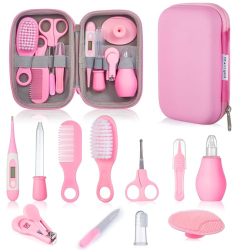 12 Set Cuidado Bebe Recien Nacido, Kit Cosas para Bebes Recien Nacidos - Set Higiene Bebe, Neceser Bebe, Manicura Corta uñas Bebe, Aseo Baño Accesorios Productos Bebe, Lista Nacimiento Bebe (Rosa)