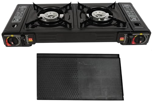 Hornillo de gas de 2 quemadores 2500W camping de 2 fuegos Cocina Portatil barbacoa de mesa con bandeja de barbacoa + maletín de almacenamiento de gas para camping, viajes y senderismo