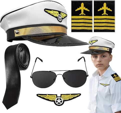 Costume-accessories - Airline Pilot Captain Uniform Kit | Role Play Aviation Dress Up Set, Career Day Cosplay Party Props, Epaulette Necktie Sunglasses Cap Adults Children Festival Halloween Carnival