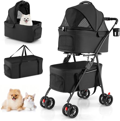 COSTWAY Carrito para Perros Plegable Doble 3 en 1, Cochecito para Perros con 2 Portadores Desmontables, Ruedas con Freno, Malla Transpirable, Portavasos, Carro para Mascotas hasta 15 kg (Negro)
