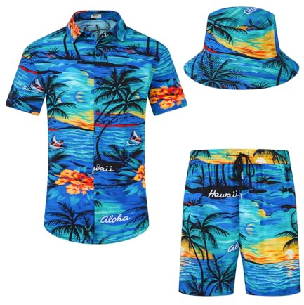SPKPKEY Ensemble de 2 chemises hawaïennes et shorts pour homme - Chemise décontractée boutonnée - Tenue de plage d'été avec chapeau cloche