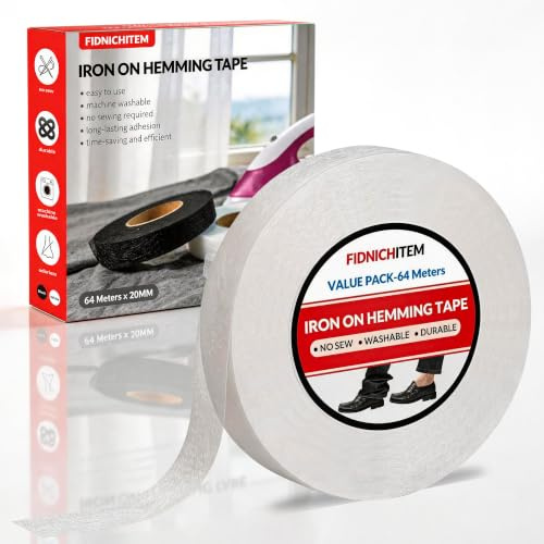 fidnichitem No Sew Iron On Fabric Hemming Tape (64M x 20MM, White) | 30GSM | washable | with detailed instructions | 64 meters super value pack | strong bond for DIY pants, dresses, curtains