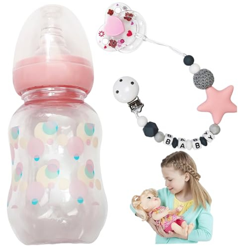 3Pcs Baby Doll Accessories Set, Includes Baby Doll Bottles, Magnetic Pacifier and Pacifier Chain Toy Set Feeding for Accessories, Indoor Use