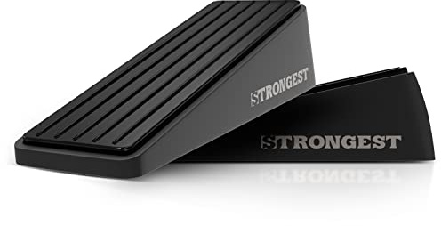 STRONGEST HOME Door Stoppers for Bottom of Door – Heavy Duty Metal Rubber Stopper, Non-Slip Door Stop for Heavy Doors, Works on Wood, Tile & Carpet, Wedge Black 2 PCs + 2 White Wall Protectors
