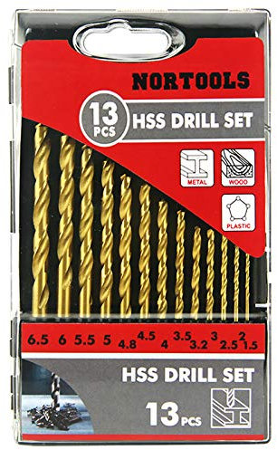 NORTOOLS HSS Round Shank TiN Coated Drill Bit Set with Plastic Tool Display Storage Box 13 PCS 1.5-6.5 x 0.5 mm + 3.2/4.8 mm