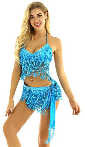 Freebily Latin Dansklänning Dam Set Magdans Paljetter Topp BH med fransar Mini Kjol Tutu Pettiskirt Bandage Tofs Samba Rumba Ballerina, Blå sjön, one size