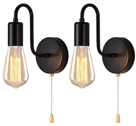 ANKBOY E27 Wandlampe mit Schalter Innen 2er set Wandleuchte mit Zugschalter Vintage Industrial Schwarz Lampe mit Schalter Wand Retro Metall Wandbeleuchtung für Schlafzimmer Wohnzimmer