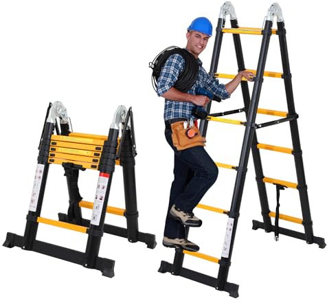 Lospitch 3.8m Escalera Plegable Aluminio, Escaleras Telescópicas Antideslizante Extensible multifunción, Carga máxima: 150 kg, Escaleras de Uso múltiple (1,9 + 1,9 M) Color Negro y Amarillo