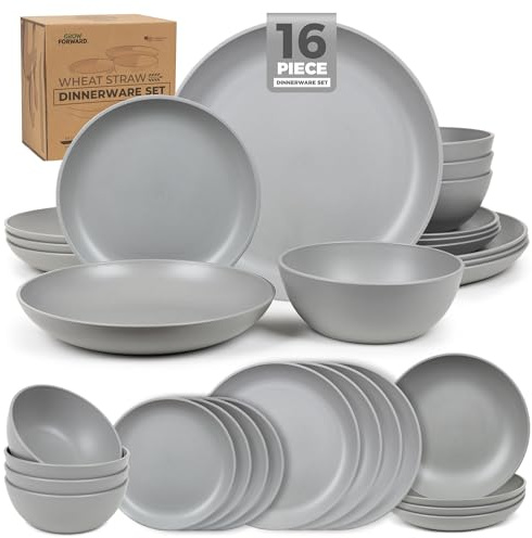 Grow Forward 16-piece Premium Wheat Straw Dinnerware Sets for 4 - Unbreakable Dishwasher & Microwave Safe Plastic Plates and Bowls Sets - Patio, Outdoors, RV, Camping Dishes - Feather