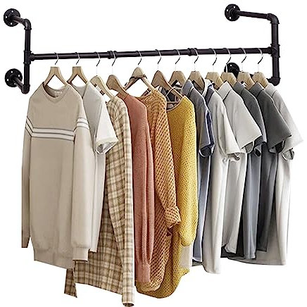 XJYMCOM Wall Mounted Clothes Rail 120 * 29 * 25cm Industrial Pipe Hanger Towel Rack Vintage Garment Bar Heavy Duty Wall Rail for Clothing Rod Hanging Display Holder for Bedroom Laundry Black