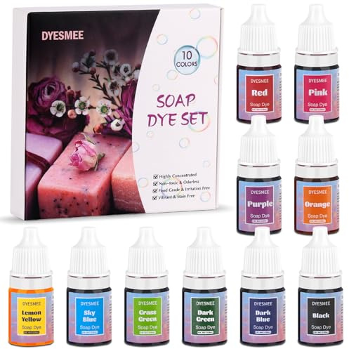 DYESMEE Set di 10 colori per sapone liquido per la produzione di sapone, per uso alimentare, per bombe da bagno fai da te, saponi fatti a mano, melma, argilla, artigianato