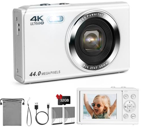 LAMA 1080P FHD 44MP Digitalkamera für Kinder, Vlogging mit 32GB SD-Karte, 16X Zoom, 2 Batterien, 2,4-Zoll-LCD-Bildschirm - Für Jungen, Mädchen, Teenager - Weiß